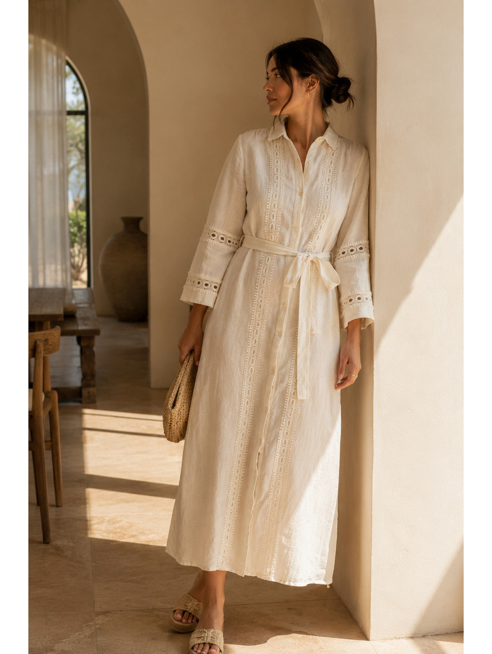 NWT CAROLINE CONSTAS CREAM LINEN EMBROIDERED BOHO MAXI DRESS - L